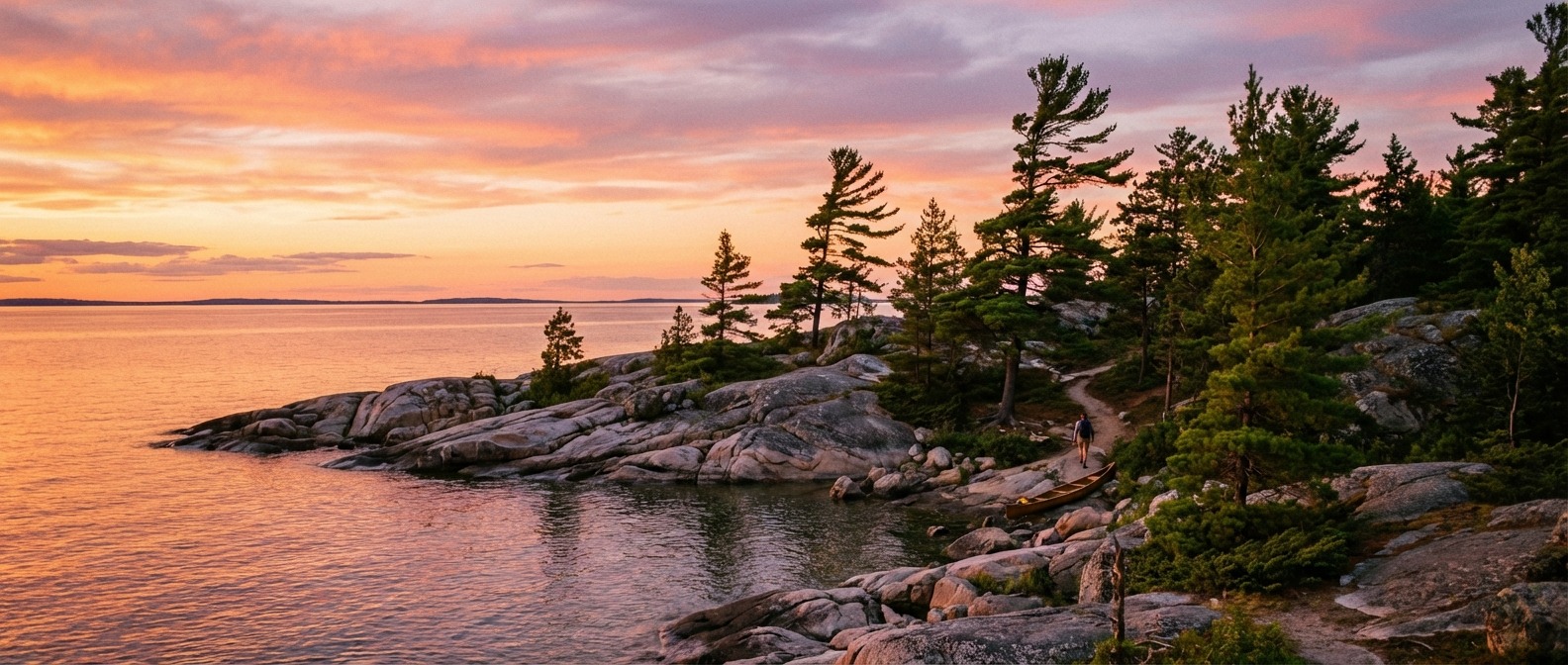 Georgian Bay sunset over rocky shoreline